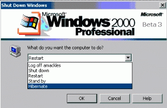 Windows 2000 hibernate dialog. + Unlock after resume.